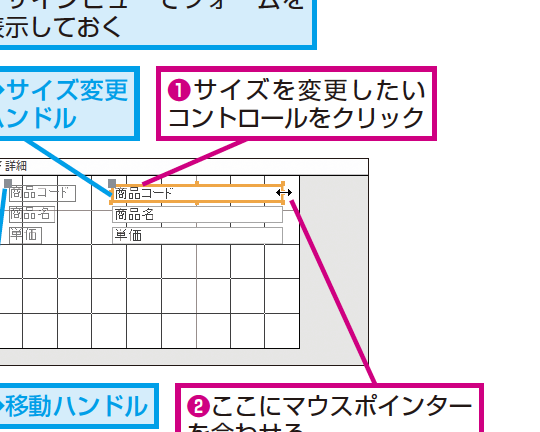 Accessのフォームのデザインビューでコントロールのサイズを変更する方法 1 accesse381aee38395e382a9e383bce383a0e381aee38387e382b6e382a4e383b3e38393e383a5e383bce381a7e382b3e383b3e38388e383ade383bce383abe381ae
